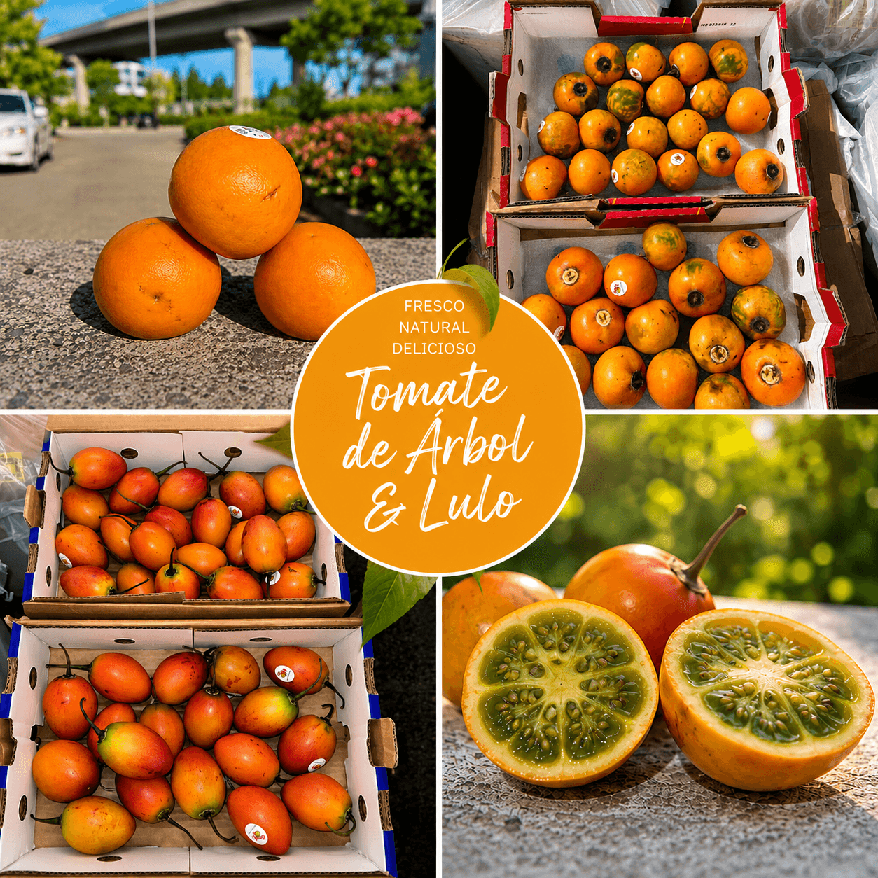 Four photographs of the fruit — whole, packed in their boxes, and one cut open — around a badge reading "Tomate de Árbol & Lulo"