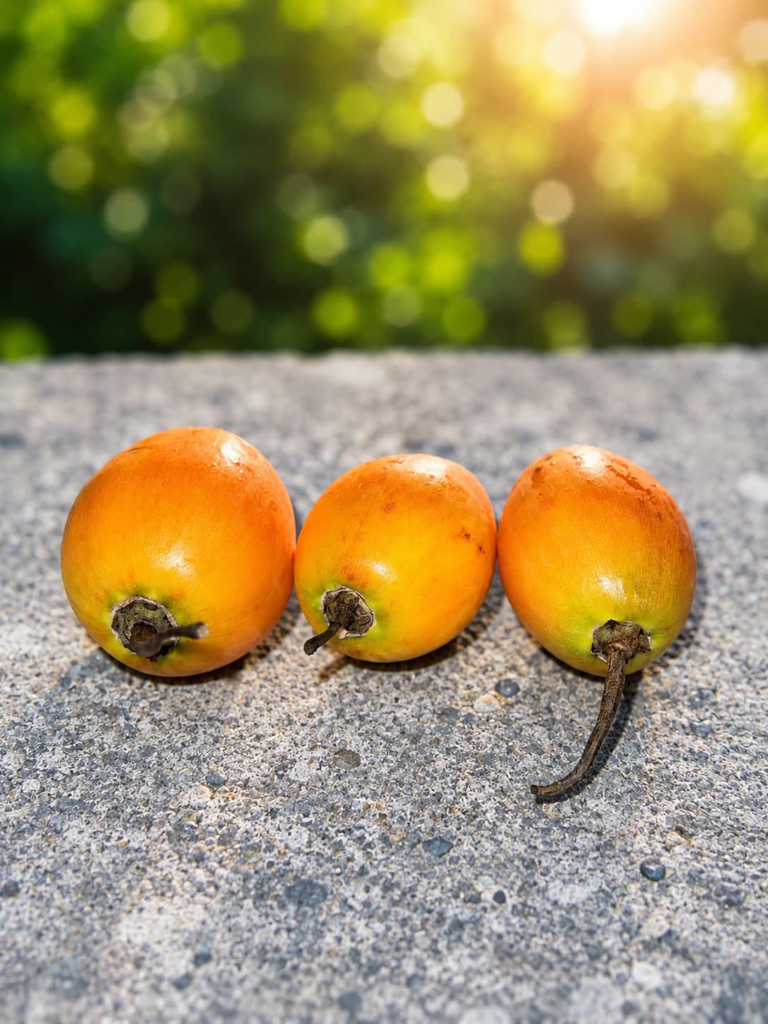 Three tomates de árbol on a sunlit wall, orange skins with the woody stem still on